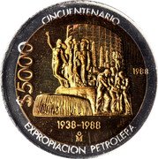 Mexico 5000 Pesos Pattern. 50th Anniversary of Nationalization of Oil Industry 1988 Mo $5000 CINCUENTENARIO 1985 1938-1988 MO EXPROPIACION PETROLERA coin reverse Mexico 5000 Pesos Pattern. 50th Anniversary of Nationalization of Oil Industry 1988 Mo $5000 CINCUENTENARIO 1985 1938-1988 MO EXPROPIACION PETROLERA coin reverse