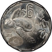 Mexico 6 Pesos (Green Turtle Pattern Coin) PRUEBA SIN VALOR $6 MO TORTUGA VERDE 2015 CHELONIA MYDAS coin reverse