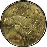 Mexico 6 Pesos (Green Turtle Pattern. Tortuga Verde) PRUEBA SIN VALOR $6 MO TORTUGA VERDE 2015 CHELONIA MYDAS coin reverse