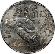 Mexico 6 Pesos (Pattern. Green Turtle) PRUEBA SIN VALOR $6 MO TORTUGA VERDE 2015 CHELONIA MYDAS coin reverse