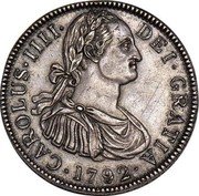 Mexico 8 Reales (Carlos IV Pattern) CAROLUS.IIII. DEI.GRATIA 1792 coin obverse