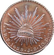 Mexico 8 Reales (Pattern Strike) KM# Pn21 LIBERTAD 8R PI 1829 J S 10DS.20GS. coin reverse Mexico 8 Reales (Pattern Strike) KM# Pn21 LIBERTAD 8R PI 1829 J S 10DS.20GS. coin reverse