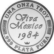 Mexico Onza Quetzalcoatl 1984 Proof X# MB12 VIVA MEXICO 1984 W W M UNA ONZA TROY .999 PLATA PURA coin obverse Mexico Onza Quetzalcoatl 1984 Proof X# MB12 VIVA MEXICO 1984 W W M UNA ONZA TROY .999 PLATA PURA coin obverse