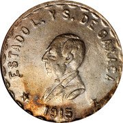 Mexico Peso Provisional Government Coinage 1915 KM# 743 ESTADO L. Y S. DE OAXACA 1915 coin obverse Mexico Peso Provisional Government Coinage 1915 KM# 743 ESTADO L. Y S. DE OAXACA 1915 coin obverse