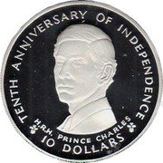 Fiji 10 Dollars 10th Anniversary of Independence 1980 Proof KM# 46a TENTH ANNIVERSARY OF INDEPENDENCE H.R.H. PRINCE CHARLES 10 DOLLARS coin reverse Fiji 10 Dollars 10th Anniversary of Independence 1980 Proof KM# 46a TENTH ANNIVERSARY OF INDEPENDENCE H.R.H. PRINCE CHARLES 10 DOLLARS coin reverse