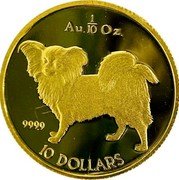 Cook Islands 10 Dollars Elizabeth II Papillon 1992 Proof KM# 817 AU. 1/10 OZ. 999.9 10 DOLLARS coin reverse Cook Islands 10 Dollars Elizabeth II Papillon 1992 Proof KM# 817 AU. 1/10 OZ. 999.9 10 DOLLARS coin reverse