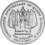 Fiji Ten Dollars 40th Anniversary of Coronation 1993 Proof KM# 62 TEN DOLLARS CORONATION ANNIVERSARY OF QUEEN ELIZABETH II 1953 1993 coin reverse Fiji Ten Dollars 40th Anniversary of Coronation 1993 Proof KM# 62 TEN DOLLARS CORONATION ANNIVERSARY OF QUEEN ELIZABETH II 1953 1993 coin reverse
