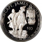 Cook Islands 10 Dollars British explorer Capitan James Cook 1994 FM Proof KM# 358 CAPT. JAMES COOK $10 FM coin reverse