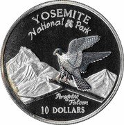 Cook Islands 10 Dollars Yosemite National Park 1997 Proof KM# 331 YOSEMITE NATIONAL PARK  PEREGRINE FALCON 10 DOLLARS coin reverse Cook Islands 10 Dollars Yosemite National Park 1997 Proof KM# 331 YOSEMITE NATIONAL PARK  PEREGRINE FALCON 10 DOLLARS coin reverse