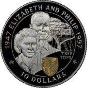 Fiji 10 Dollars 50th Anniversary of the Marriage of Queen Elizabeth II and Prince Philip 1997 Proof KM# 87 1947 ELIZABETH AND PHILIP 1997 TREE TOPS 10 DOLLARS BS coin reverse Fiji 10 Dollars 50th Anniversary of the Marriage of Queen Elizabeth II and Prince Philip 1997 Proof KM# 87 1947 ELIZABETH AND PHILIP 1997 TREE TOPS 10 DOLLARS BS coin reverse