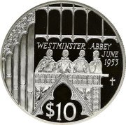 Fiji 10 Dollars Queen Elizabeth II. 50th Year of Reign 2002 Proof KM# 84 WESTMINSTER ABBEY JUNE 1953 $10 coin reverse Fiji 10 Dollars Queen Elizabeth II. 50th Year of Reign 2002 Proof KM# 84 WESTMINSTER ABBEY JUNE 1953 $10 coin reverse