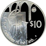 Fiji 10 Dollars Queen Elizabeth II. 50 Years of Reign 2002 Proof KM# 83 "...DEFENDER OF THE FAITH..." $10 coin reverse Fiji 10 Dollars Queen Elizabeth II. 50 Years of Reign 2002 Proof KM# 83 "...DEFENDER OF THE FAITH..." $10 coin reverse