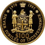 Fiji 100 Dollars Silver Jubilee of Independence 1995 Proof KM# 98 1970 1995 REREVAKA NA KALOU KA DOKA NA TUI $100 SILVER JUBILEE OF INDEPENDENCE coin reverse Fiji 100 Dollars Silver Jubilee of Independence 1995 Proof KM# 98 1970 1995 REREVAKA NA KALOU KA DOKA NA TUI $100 SILVER JUBILEE OF INDEPENDENCE coin reverse