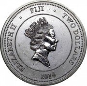 Fiji Two Dollars Hawksbill Taku Turtle 2010 Prooflike KM# 151 ELIZABETH II FIJI TWO DOLLARS 2010 coin obverse Fiji Two Dollars Hawksbill Taku Turtle 2010 Prooflike KM# 151 ELIZABETH II FIJI TWO DOLLARS 2010 coin obverse