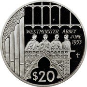 Fiji 20 Dollars Boys Choir in Westminister Abbey 2002 KM# 257 WESTMINISTER ABBEY JUNE 1953 $20 coin reverse