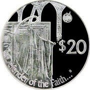 Fiji 20 Dollars 50th Anniversary of Reign of Elizabeth II 2002 KM# 256 "...DEFENDER OF THE FAITH..." $20 coin reverse