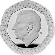 UK 20 Pence Charles III Puffin. 2023  Proof; Tudor crown privy mark CHARLES III DEI GRA REX FID DEF 2023 MJ coin obverse UK 20 Pence Charles III Puffin. 2023  Proof; Tudor crown privy mark CHARLES III DEI GRA REX FID DEF 2023 MJ coin obverse