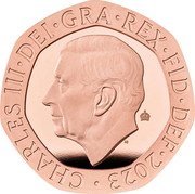 UK 20 Pence Charles III Puffin 2023  Proof; Tudor crown privy mark CHARLES III DEI GRA REX FID DEF 2023 MJ coin obverse UK 20 Pence Charles III Puffin 2023  Proof; Tudor crown privy mark CHARLES III DEI GRA REX FID DEF 2023 MJ coin obverse