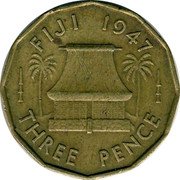 Fiji Three Pence George VI. Native Dwelling 1947 KM# 15 FIJI 1947 THREE PENCE coin reverse Fiji Three Pence George VI. Native Dwelling 1947 KM# 15 FIJI 1947 THREE PENCE coin reverse