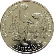 Cook Islands 5 Dollars Endangered Wildlife. Eurasian otter 1991 KM# 218 ENDANGERED WILDLIFE 5 DOLLARS coin reverse Cook Islands 5 Dollars Endangered Wildlife. Eurasian otter 1991 KM# 218 ENDANGERED WILDLIFE 5 DOLLARS coin reverse