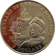 Cook Islands 5 Dollars 500 Years of America. Christopher Columbus 1991 KM# 217 500 YEARS OF AMERICA 1492 - 1992 5 DOLLARS coin reverse Cook Islands 5 Dollars 500 Years of America. Christopher Columbus 1991 KM# 217 500 YEARS OF AMERICA 1492 - 1992 5 DOLLARS coin reverse