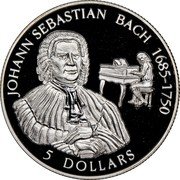 Cook Islands 5 Dollars Johann Sebastian Bach 1992 Proof KM# 150 JOHANN SEBASTIAN BACH 1685-1750 5 DOLLARS coin reverse Cook Islands 5 Dollars Johann Sebastian Bach 1992 Proof KM# 150 JOHANN SEBASTIAN BACH 1685-1750 5 DOLLARS coin reverse