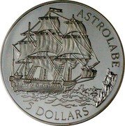 Cook Islands 5 Dollars French exploration ship Astrolabe 1992 Proof KM# 160 ASTROLABE 5 DOLLARS coin reverse Cook Islands 5 Dollars French exploration ship Astrolabe 1992 Proof KM# 160 ASTROLABE 5 DOLLARS coin reverse