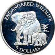 Cook Islands 5 Dollars African elephant 1995 Proof KM# 234 ENDANGERED WILDLIFE 5 DOLLARS coin reverse Cook Islands 5 Dollars African elephant 1995 Proof KM# 234 ENDANGERED WILDLIFE 5 DOLLARS coin reverse