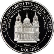 Cook Islands 5 Dollars Queen Elizabeth II's 25th Wedding Anniversary 1995 Proof KM# 255 QUEEN ELIZABETH THE QUEEN MOTHER SILVER WEDDING ANNIVERSARY ST. PAUL'S 1948 5 DOLLARS coin reverse Cook Islands 5 Dollars Queen Elizabeth II's 25th Wedding Anniversary 1995 Proof KM# 255 QUEEN ELIZABETH THE QUEEN MOTHER SILVER WEDDING ANNIVERSARY ST. PAUL'S 1948 5 DOLLARS coin reverse