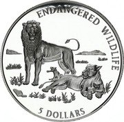 Cook Islands 5 Dollars Lion family 1996 Proof KM# 302 ENDANGERED WILDLIFE 5 DOLLARS coin reverse Cook Islands 5 Dollars Lion family 1996 Proof KM# 302 ENDANGERED WILDLIFE 5 DOLLARS coin reverse
