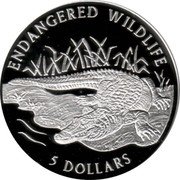 Cook Islands 5 Dollars Crocodile 1996 Proof KM# 301 ENDANGERED WILDLIFE 5 DOLLARS coin reverse Cook Islands 5 Dollars Crocodile 1996 Proof KM# 301 ENDANGERED WILDLIFE 5 DOLLARS coin reverse