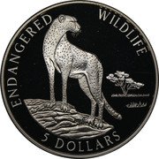 Cook Islands 5 Dollars Cheetah 1996 Proof KM# 269 ENDANGERED WILDLIFE 5 DOLLARS coin reverse Cook Islands 5 Dollars Cheetah 1996 Proof KM# 269 ENDANGERED WILDLIFE 5 DOLLARS coin reverse