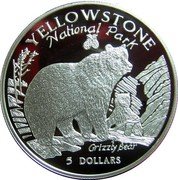 Cook Islands 5 Dollars Yellowstone National Park 1996 Proof KM# 281 GRIZZLY BEAR YELLOWSTONE NATIONAL PARK 5 DOLLARS coin reverse Cook Islands 5 Dollars Yellowstone National Park 1996 Proof KM# 281 GRIZZLY BEAR YELLOWSTONE NATIONAL PARK 5 DOLLARS coin reverse