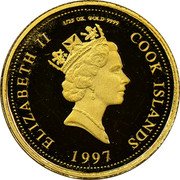 Cook Islands 5 Dollars Elizabeth II Princess Diana 1997 Proof KM# 312 ELIZABETH II 1/25 OZ. GOLD 9999 COOK ISLANDS RDM 1997 coin obverse Cook Islands 5 Dollars Elizabeth II Princess Diana 1997 Proof KM# 312 ELIZABETH II 1/25 OZ. GOLD 9999 COOK ISLANDS RDM 1997 coin obverse