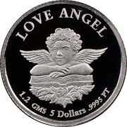 Cook Islands 5 Dollars Elizabeth II Love Angel 1997 Proof KM# 457 LOVE ANGEL 1.2 GMS 5 DOLLARS .9995 PT coin reverse Cook Islands 5 Dollars Elizabeth II Love Angel 1997 Proof KM# 457 LOVE ANGEL 1.2 GMS 5 DOLLARS .9995 PT coin reverse