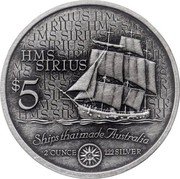Cook Islands 5 Dollars HMS Sirius 1999 Antiqued finish KM# 447 HMS SIRIUS $5 SHIPS THAT MADE AUSTRALIA 2 OUNCE 999 SILVER coin reverse Cook Islands 5 Dollars HMS Sirius 1999 Antiqued finish KM# 447 HMS SIRIUS $5 SHIPS THAT MADE AUSTRALIA 2 OUNCE 999 SILVER coin reverse