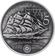 Cook Islands 5 Dollars Cutty Sark 1999 Antiqued finish KM# 446 CUTTY SARK $5 SHIPS THAT MADE AUSTRALIA 2 OUNCE 999 SILVER coin reverse Cook Islands 5 Dollars Cutty Sark 1999 Antiqued finish KM# 446 CUTTY SARK $5 SHIPS THAT MADE AUSTRALIA 2 OUNCE 999 SILVER coin reverse