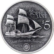 Cook Islands 5 Dollars SS Sophia Jane 1999 Antiqued finish KM# 444 SS SOPHIA JANE $5 SHIPS THAT MADE AUSTRALIA 2 OUNCE 999 SILVER coin reverse Cook Islands 5 Dollars SS Sophia Jane 1999 Antiqued finish KM# 444 SS SOPHIA JANE $5 SHIPS THAT MADE AUSTRALIA 2 OUNCE 999 SILVER coin reverse