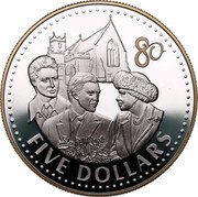 Fiji Five Dollars 80th Birthday of the Queen Elizabeth II 2006 Proof KM# 173 80 FIVE DOLLARS coin reverse Fiji Five Dollars 80th Birthday of the Queen Elizabeth II 2006 Proof KM# 173 80 FIVE DOLLARS coin reverse