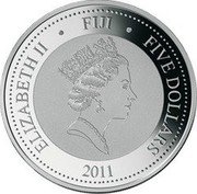 Fiji Five Dollars Map. Berlin 2011 Proof KM# 210 ELIZABETH II FIVE DOLLARS FIJI 2011 coin obverse Fiji Five Dollars Map. Berlin 2011 Proof KM# 210 ELIZABETH II FIVE DOLLARS FIJI 2011 coin obverse