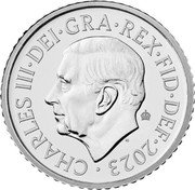 UK 5 Pence Charles III Oak Sprig 2023  BU; Tudor crown privy mark CHARLES III DEI GRA REX FID DEF 2023 MJ coin obverse UK 5 Pence Charles III Oak Sprig 2023  BU; Tudor crown privy mark CHARLES III DEI GRA REX FID DEF 2023 MJ coin obverse