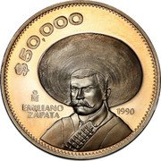 Mexico 50 000 Peso Pattern. Emiliano Zapata 1990 Mº Proof KM# Pn242 $50,000 MO EMILIANO ZAPATA 1990 coin reverse Mexico 50 000 Peso Pattern. Emiliano Zapata 1990 Mº Proof KM# Pn242 $50,000 MO EMILIANO ZAPATA 1990 coin reverse