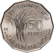Fiji 50 Cents First Indians in Fiji Centennial 1979 KM# 44 1879 GIRMIT 1979 50 CENTS SUGAR FOR THE WORLD coin reverse Fiji 50 Cents First Indians in Fiji Centennial 1979 KM# 44 1879 GIRMIT 1979 50 CENTS SUGAR FOR THE WORLD coin reverse