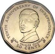 Fiji 50 Cents 10th Anniversary of Independence 1980 KM# 45 TENTH ANNIVERSARY OF INDEPENDENCE H.R.H. PRINCE CHARLES 50 CENTS coin reverse Fiji 50 Cents 10th Anniversary of Independence 1980 KM# 45 TENTH ANNIVERSARY OF INDEPENDENCE H.R.H. PRINCE CHARLES 50 CENTS coin reverse