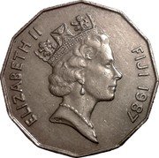 Fiji 50 Cents Takia 1987 KM# 54 ELIZABETH II FIJI 1987 RDM coin obverse Fiji 50 Cents Takia 1987 KM# 54 ELIZABETH II FIJI 1987 RDM coin obverse