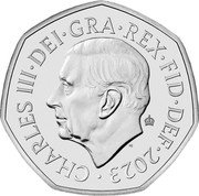 UK 50 Pence (Atlantic Salmon) CHARLES III DEI GRATIA REX F D 2023 coin obverse UK 50 Pence (Atlantic Salmon) CHARLES III DEI GRATIA REX F D 2023 coin obverse