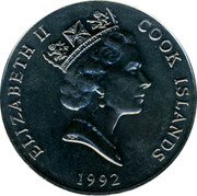 Cook Islands 50 Tene Elizabeth II 3rd portrait. Hawksbill Turtle 1992 KM# 41 ELIZABETH II COOK ISLANDS 1992 coin obverse Cook Islands 50 Tene Elizabeth II 3rd portrait. Hawksbill Turtle 1992 KM# 41 ELIZABETH II COOK ISLANDS 1992 coin obverse