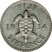 Fiji Sixpence George V 1934 KM# 3 FIJI 19 34 SIXPENCE coin reverse Fiji Sixpence George V 1934 KM# 3 FIJI 19 34 SIXPENCE coin reverse