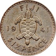 Fiji Sixpence George VI. Sea Turtle 1941 KM# 11 FIJI 19 41 SIXPENCE coin reverse Fiji Sixpence George VI. Sea Turtle 1941 KM# 11 FIJI 19 41 SIXPENCE coin reverse