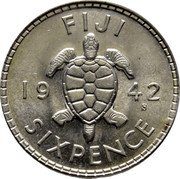 Fiji Sixpence George VI. Sea Turtle 1942 S KM# 11a FIJI 19 42 S SIXPENCE coin reverse Fiji Sixpence George VI. Sea Turtle 1942 S KM# 11a FIJI 19 42 S SIXPENCE coin reverse